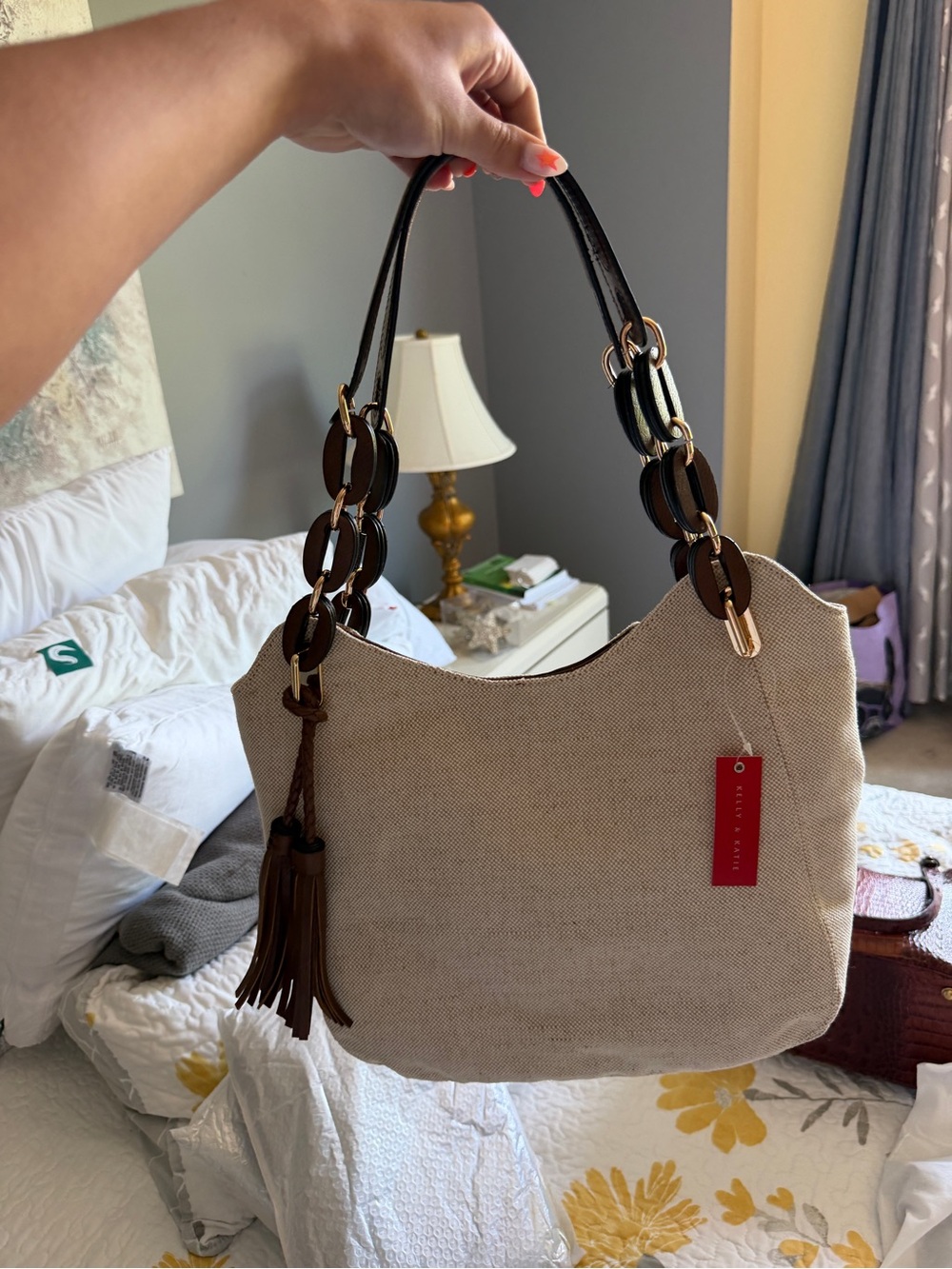 Kelly & Katie Beige Canvas Shoulder Bag with Brown Leather Details